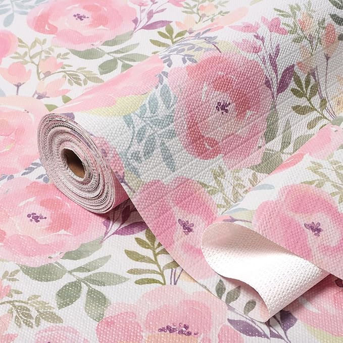 Amiitay Peach Peony Shelf and Drawer Liner 12IN x 20FT,Non-Adhesive and Strong Non-Slip Floral Cabinet Drawer Liners for Kitchen Shelf, Waterproof Cupboard Liners,Easy to Clean