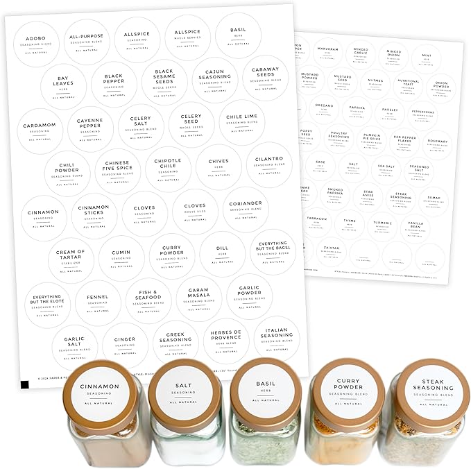 Paper & Pear Round Spice Jar Labels Preprinted Waterproof - Modern Style White Spice Labels Stickers Preprinted Waterproof - Oil & Tear Resistant Seasoning Stickers - Set of 80, 1.35 Inches (No Jars)