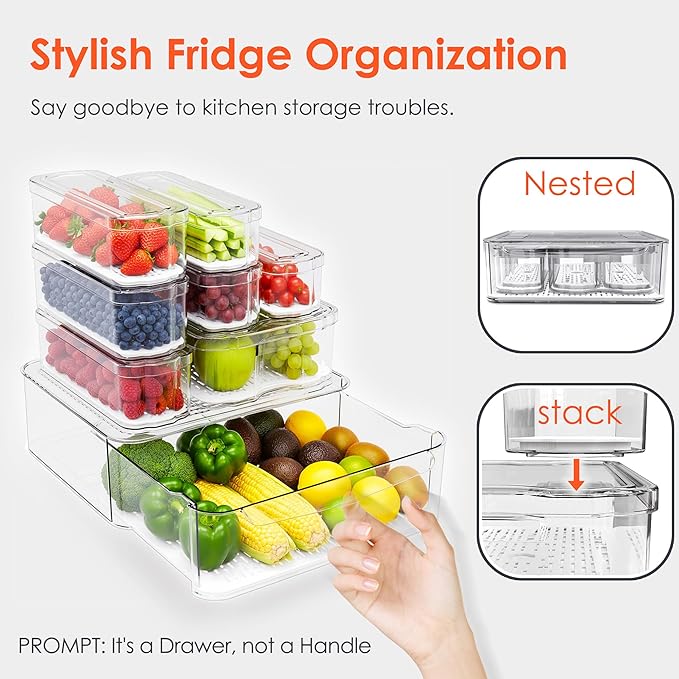 8 Pack Refrigerator Organizers, Clear Pull-out Drawer Container and Organizer Bins with Lids, Stackable Storage Containers for Fruits, Vegetable (Set of 8 (Include Pull-out Drawer))