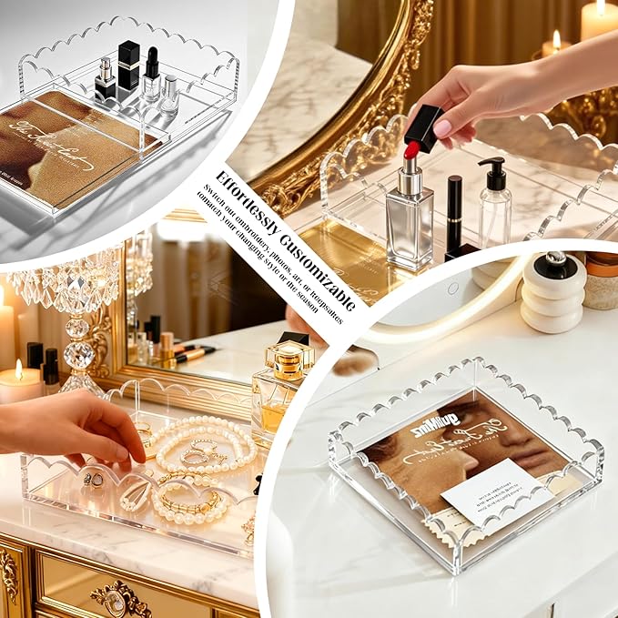 Acrylic Trays for Needlepoint 8" x 8", OUPSAUI Scalloped Acrylic Tray with Drawer for Insert Needlepoint, Photos, Art, Fabric, Napkin, Messages Display Basket, Decorative Tray Gift for Home Office
