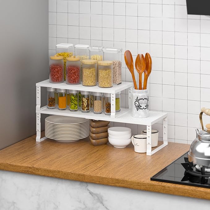Flat Top Storage Rack - Expandable 16.5"~27" W Countertop Space Saver, Heavy-Duty Steel Construction, Powder Coated Finish for Kitchens, Bathrooms, Workshops or Offices