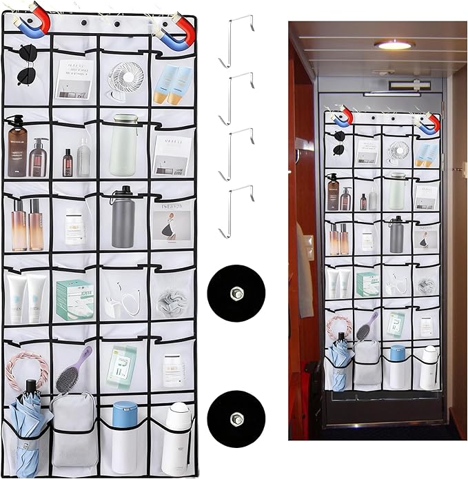 Magnetic Door Organizer with Hooks, 24 Mesh Pockets, Over Door Storage Solution, White, 55x21 Inch, Magnetic Shoe Rack Holder for Cruise Ship Cabins