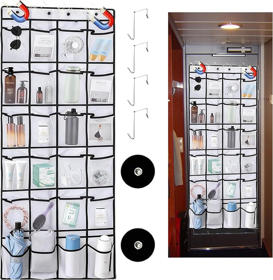 Magnetic Door Organizer with Hooks, 24 Mesh Pockets, Over Door Storage Solution, White, 55x21 Inch, Magnetic Shoe Rack Holder for Cruise Ship Cabins