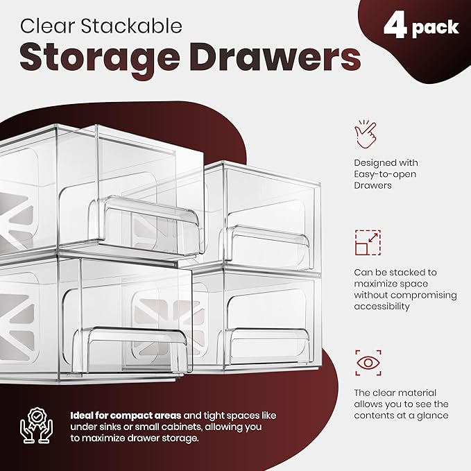 Clear Stackable Storage Drawers - 4-Pack Acrylic Makeup Organizer Bins for Vanity, Bathroom, Countertop, Cabinet, or Kitchen - Perfect for Cosmetics, Office, and Small Item Organization