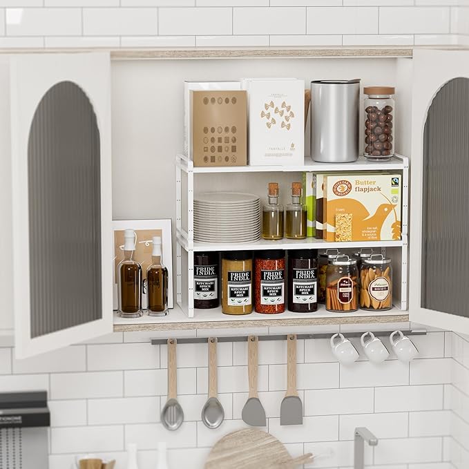 SANNO Expandable Kitchen Shelf Organizers, Large Kitchen Cupboard Organizer Stackable Counter Shelf Spice Rack Expandable Shelves,Pantry Storage Organization, White,1 pack