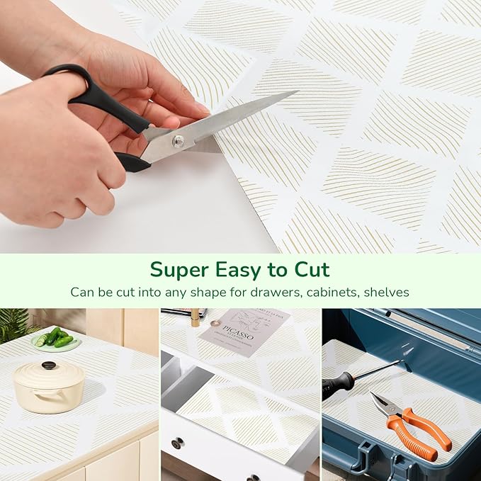 Drawer and Shelf Liner for Kitchen, Non-Slip Non-Adhesive Cabinet Liners for Cupboard, Dresser, Shelves, Tool Box, Pantry, Thickened Easy Install, Strong Grip, Yellow&White, 17.5in x 10FT