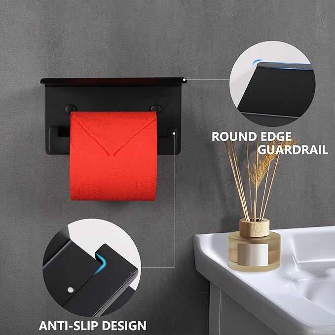 LANC Matte Black Toilet Paper Holder with Shelf, Adhesive or Screw Bathroom Toilet Paper Roll Holder with Phone Shelf for Bathroom Wall Mount, Tissue Roll Holder Stainless Steel, A8367MB