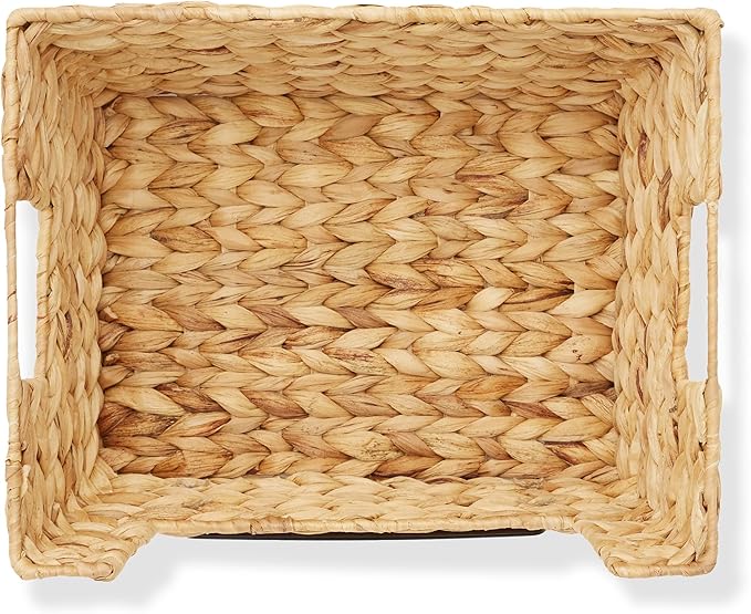 Casafield Set of 2 Water Hyacinth Pantry Baskets with Handles, Chalkboard Labels, and Marker - Natural, Wide Woven Storage Bin Organizers for Kitchen Shelves