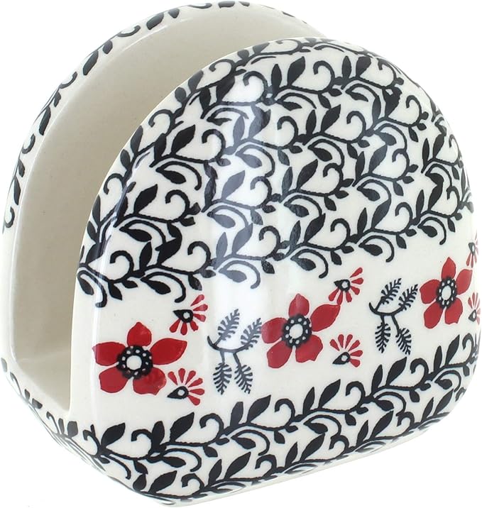 Blue Rose Polish Pottery - Red Scarlett Ivy Napkin Holder - 5" x 5" - Ceramic Napkin Holders, Decorative Dining Table Accessories