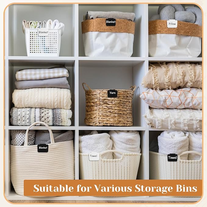 YooNotee 50 Pcs Basket Labels Clip on with 4 Black Chalk Markers Reusable Plastic Storage Bin Erasable Labels Kitchen Pantry PVC Tag Stickers for Fabric Cubes Basket Box Organization (White and Black)