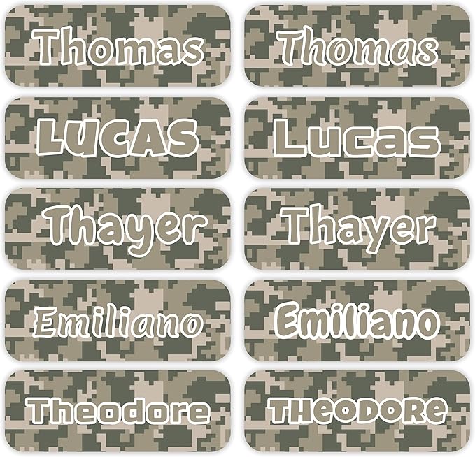 KYTRA Personalized Name Labels for Kids 120 Stickers for Daycare & School Supplies, Clothes, Toys, Lunchboxes and More - Waterproof, Laundry, Dishwasher & Microwave Safe, Made in USA (Sand Camo Pixel)