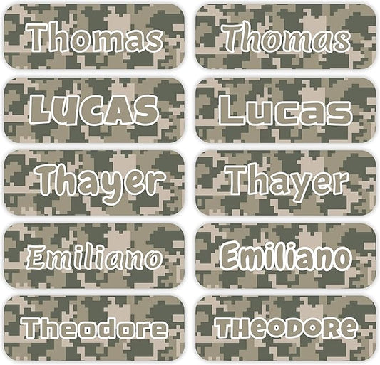 KYTRA Personalized Name Labels for Kids 120 Stickers for Daycare & School Supplies, Clothes, Toys, Lunchboxes and More - Waterproof, Laundry, Dishwasher & Microwave Safe, Made in USA (Sand Camo Pixel)
