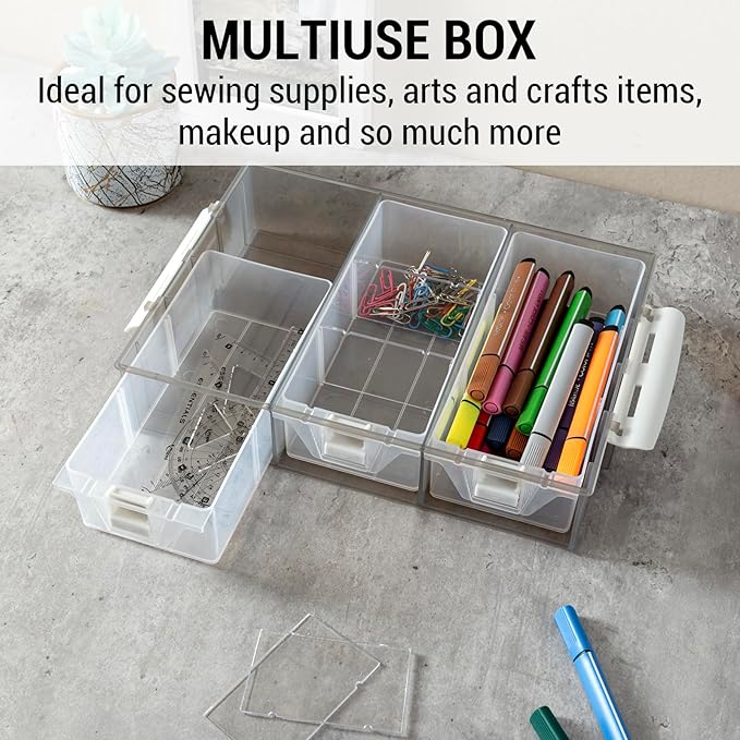 MyGift Single Stackable Tray, Add-on for 11 Inch Smoke Gray Transparent Arts & Crafts Storage Box, 9 Compartment Sewing Supplies Organizer with 3 Drawers and Removable Dividers