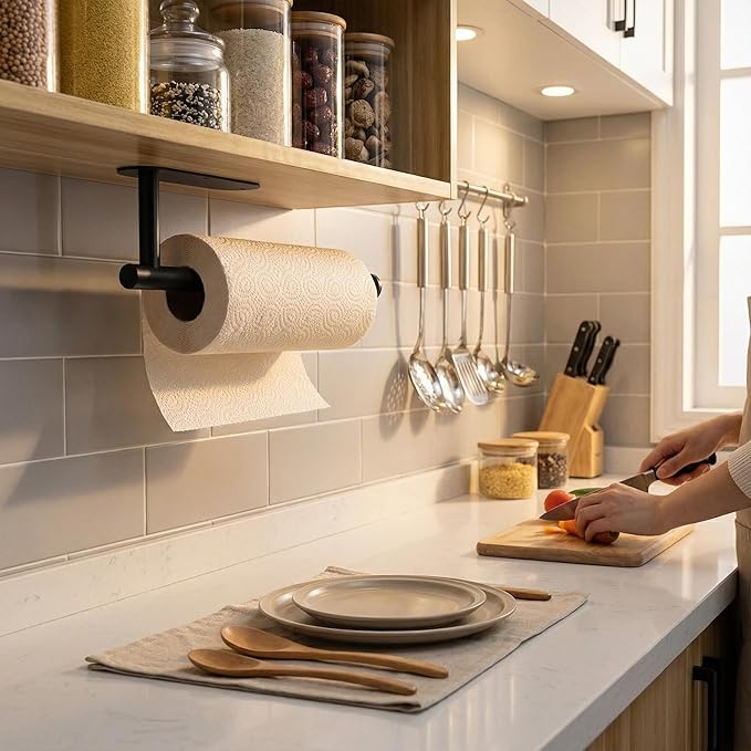 Paper Towel Holder Under Cabinet - Self Adhesive Paper Towel Roll Holder Wall Mount, Matte Black Stainless Steel Towel Paper Holder for Kitchen, Bathroom, Cabinets