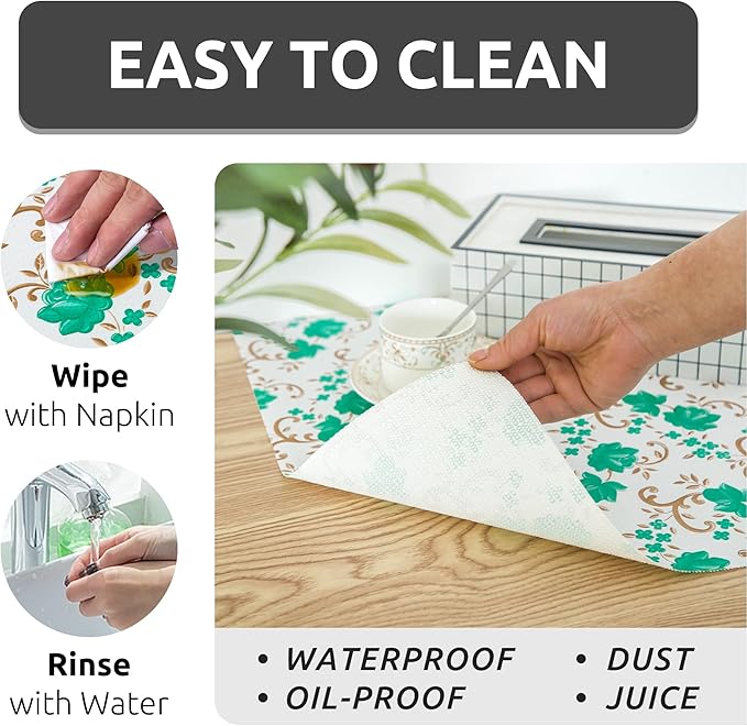 12X120 Inch Shelf Liner for Kitchen Cabinets, PVC Drawer Liner for Dresser Non-Slip Bathroom, Non-Adhesive Cabinet Liner Washable (Green Floral)(1 Roll)