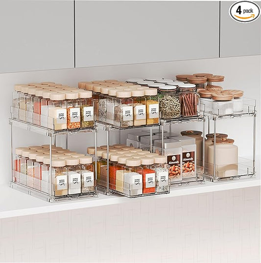Yieach 4 Pack 2 Tier Vertical Spice Rack Pull Out,10.4'' Deep Narrow Slide Out Spice Rack Organizer for Inside Cabinets,Kitchen,Pantry,Cupboard Seasoning,Can,Jar Organizer and Medicine Cabinet Storage