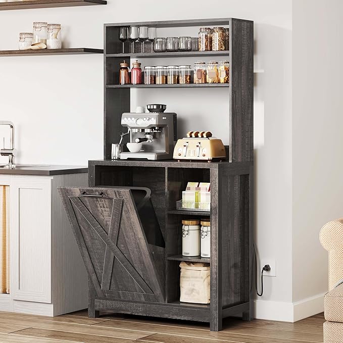 YITAHOME 6-Tier Rustic Oak Pantry Cabinet with Trash Can Bin & Charging Station, Tall Kitchen Storage with Adjustable Shelves for Microwave & Coffee Bar, Freestanding Storage Organizer