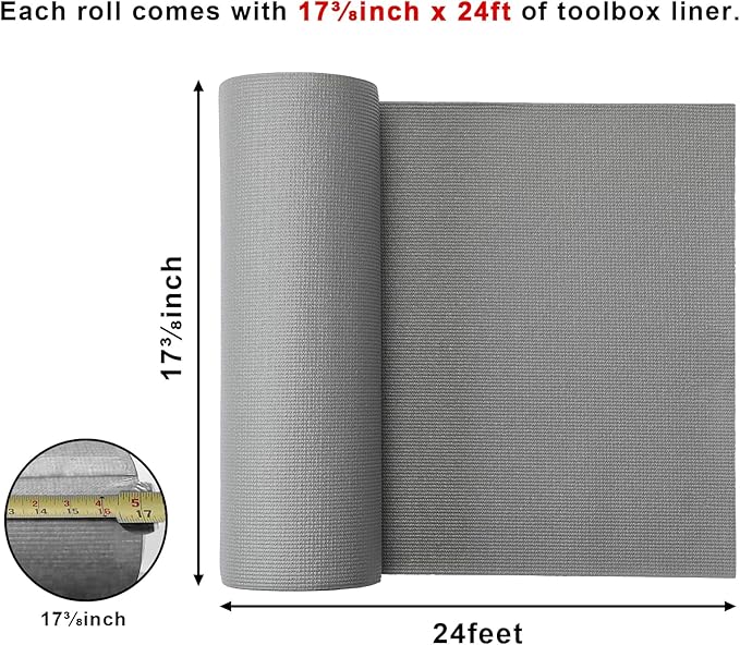 CASOMAN Professional Tool Box and Drawer Liner, Grey, Easy Cut Non-Slip Foam Rubber Toolbox Drawer Liner Mat - Adjustable Thick Cabinet Liners, 17⅜ inch (Wide) X 24feet (Long)
