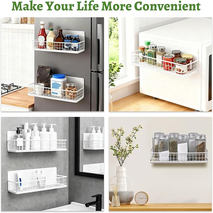 ONESIXEC 2 Pack Magnetic Basket for Fridge, Magnetic Spice Rack for Side of Refrigerator, Small Magnet Wire Bin Basket Fridge Shelf Organizer Kitchen Classroom Whiteboard Pantry Office Storage, White