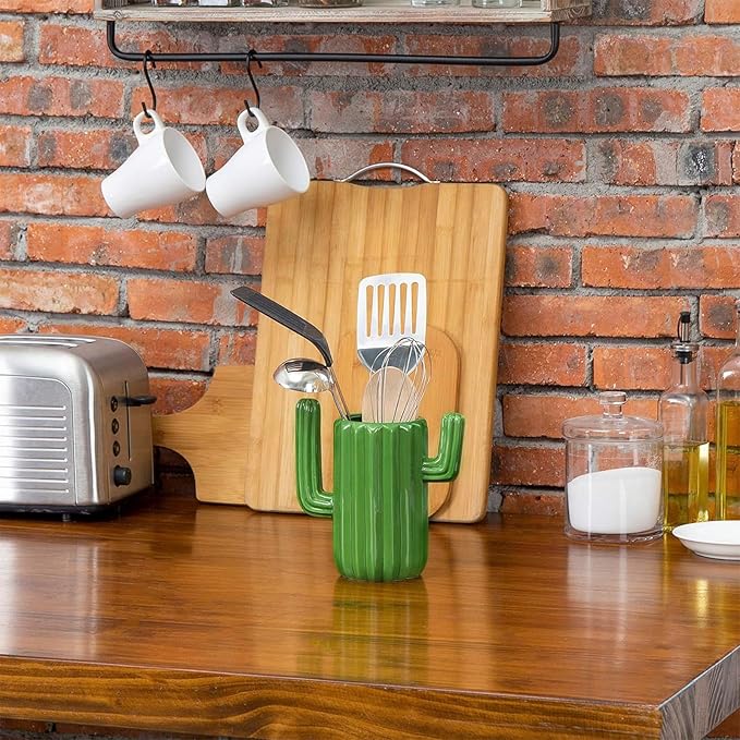MyGift Ceramic Cactus Utensil Holder, Southwestern Green Countertop Crock – Durable Kitchen Organizer for Spoons, Paintbrushes, Desert & Cactus Home Decor