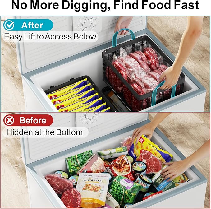 iSPECLE Chest Freezer Organizer Bins - 6 Pack Large Stackable Deep Freezer Organizer Bins for 10 to 20 Cu.Ft Easy Get Bottom Foods, Chest Freezer Organizer Prevent Frozen Food Waste, Black