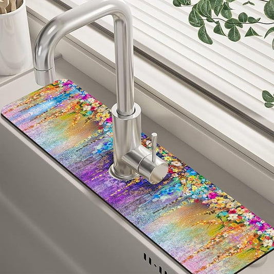 Abstract Watercolor Flowers Dish Drying Mat for Kitchen Sink Splash Guard Behind Faucet Sink Mat Absorbent Fast Drying Faucet Draining Mat for Bathroom Kitchen 5.5"×24"