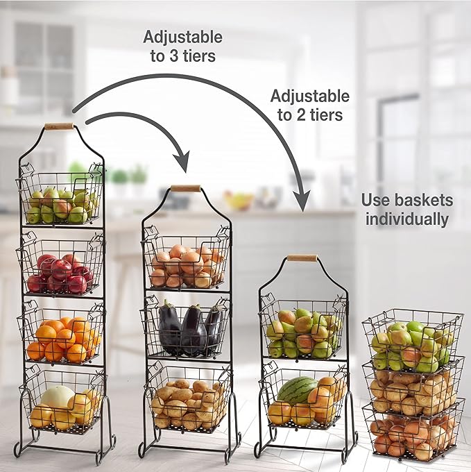 Mikasa Gourmet Basics Ferme 4-Tier Market Basket - Antique Black Wire and Acacia Wood Handle, Kitchen Fruit Vegetable Storage Organizer, 13.5 x 11.5 x 51 Inches