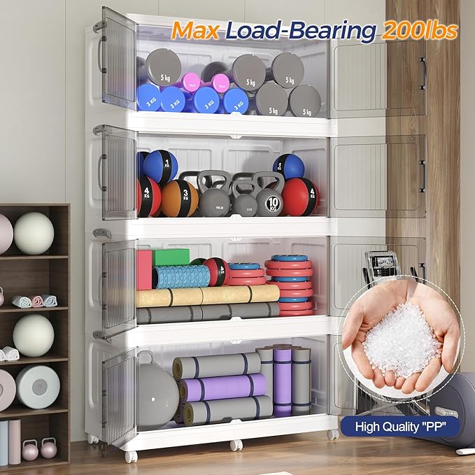 250Gal Extra Large Stackable Storage Bins with Lid, 1000QT Foldable Collapsible Storage Box with Doors and Wheels, Plastic Closet Organizers Container Drawer for Bedroom Dorm Kitchen, 5Pack