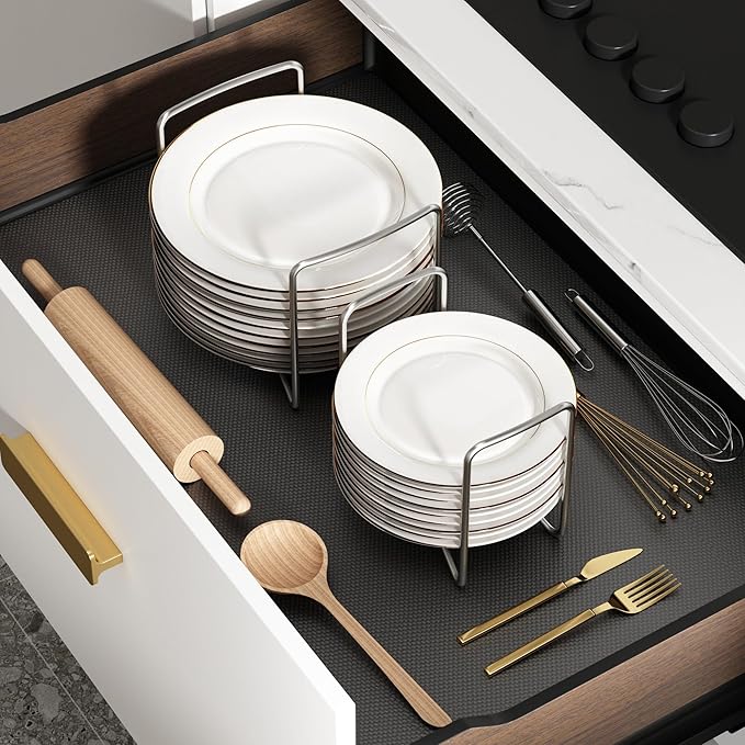 Plate Holder for Kitchen Drawers - Bamboo Dish Racks for Kitchen Counter 2Pcs Small & Large - Adjust 6.75" to 12.5" Stainless Steel Plate and Bowl Organizer for Cabinet, RV, Countertop