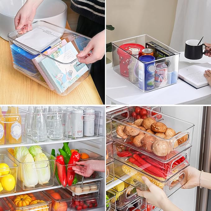 3 Pack Clear Plastic Storage Bins, Large Pantry Organizer Basket with Handle, BPA Free Storage Containers for Fridge, Closet, Bathroom, Under Sink and Kitchen Organization