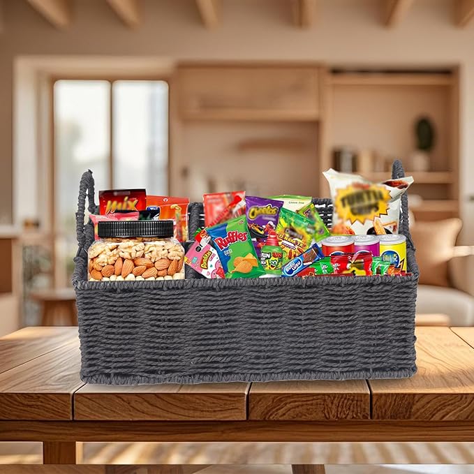Snack Organizer for Countertop,Wicker Basket Snack Holder with with Handles,4 Compartment Snack Storage Basket for Coffee Station Organizer,Kitchen Pantry Organizers and Storage(Black)