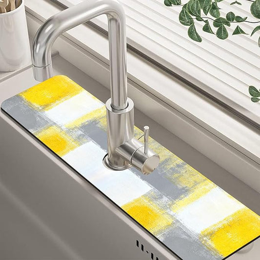 Grey and Yellow Abstract Kitchen Sink Splash Guard Mat Absorbent Fast Drying Mat Faucet Draining Mat Sink Splash Guard Behind Faucet Drip Catcher for Kitchen Bathroom 5.5"×24"