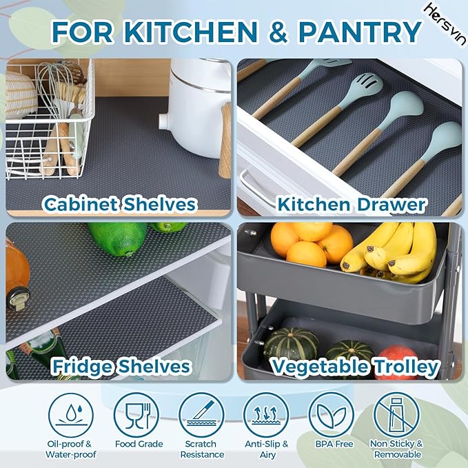 Hersvin Shelf Liners, 20in x 20ft Kitchen Drawer Mats, Non-Adhesive EVA Cupboard Protector, Cabinet Lining (Dark Gray/Dot)