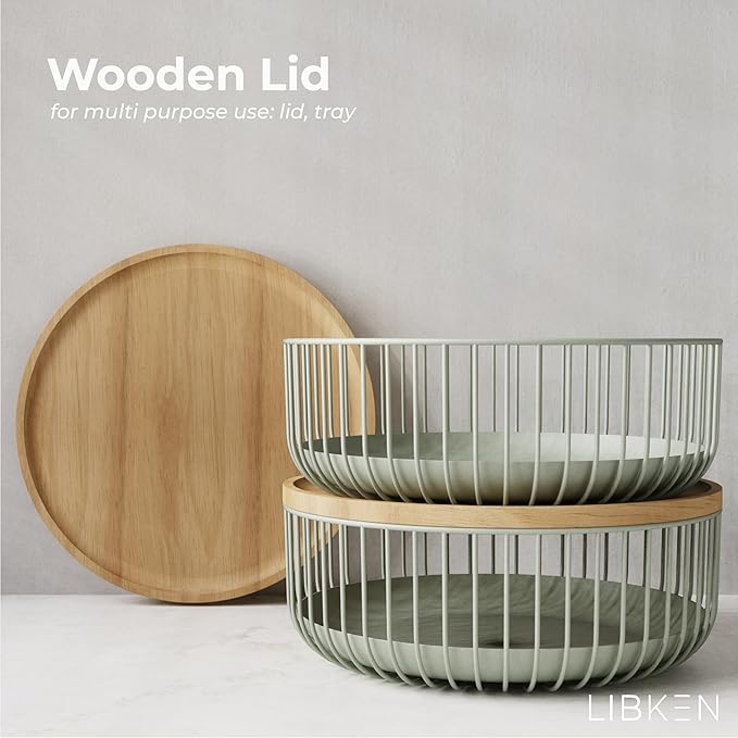 Fruit Basket with Wooden Bamboo Lid- Fruit Bowl For Kitchen Counter - Countertop Bin for Produce Fruits, Potato and Veggie - Metal Wire Baskets For Organizing - 11.4"x11.4"x4.5" - Green