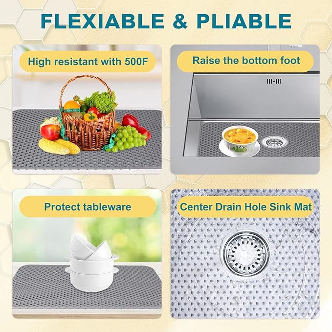 Bestjing Silicone Sink Mat, 26'' x 14'' Protectors for Kitchen Sink with Center Drain, Kitchen Protector Accessory, Non-Slip Grid Mat for Bottom of Farmhouse Porcelain Stainless Steel(Center Hole)