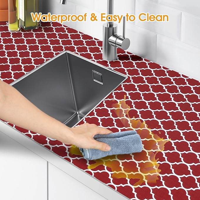 Shinlendid Shelf and Drawer Liner for Kitchen Cabinets Non-Adhesive, Strong Grip Non-Slip Thickened Cabinet Liners for Shelves, Waterproof Mats for Dresser Cupboard, Red/White, 17 in x 20 Feet