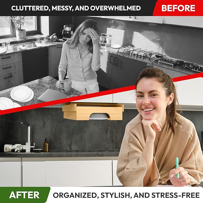 10 inch Paper Plate Dispenser Holder Bamboo Under Cabinet Vertical Rack for Kitchen Countertop Organizer Space Saver Shelf Lid Holder Counter Storage Can Dispenser Pantry Aid Caddy Estante