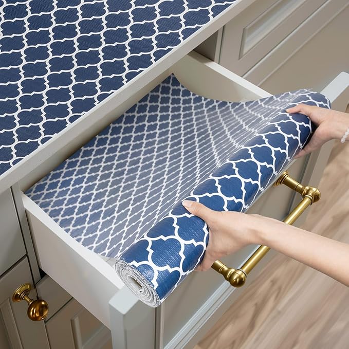Shinlendid Shelf and Drawer Liner for Kitchen Cabinets Non-Adhesive, Strong Grip Non-Slip Thickened Cabinet Liners for Shelves, Waterproof Mats for Dresser Cupboard, Blue, 23 in x 30 Feet
