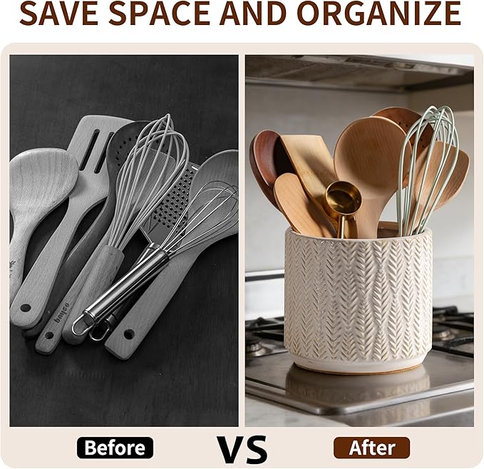 5.3-Inch Ceramic Utensil Crock Utensil Holder Countertop, Embossed Ceramic Storage Canister - with Non-Slip Cork Base, Rustic Farmhouse Multi-Purpose Desktop Organizer, Kitchen Decor(Wheat Brown)