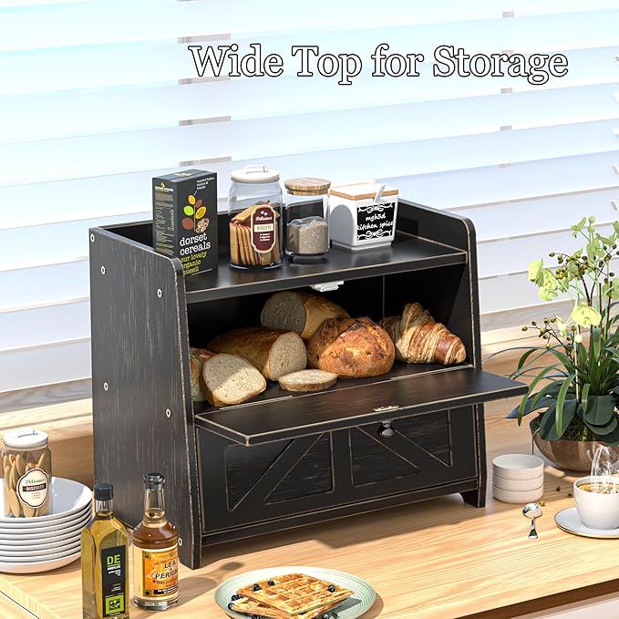 Corner Bread Box for Kitchen Countertop, Vintage Wooden Counter Organizer, Bamboo Bread Storage Bin for Homemade Bread, Small Farmhouse Corner Breadbox Container with Acrylic Window, Vintage Black