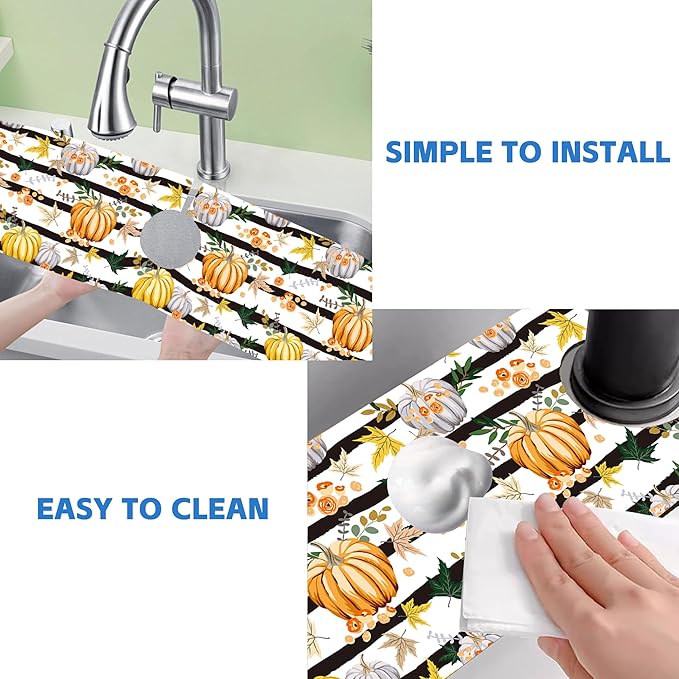 Thanksgiving Sink Faucet Absorbing Mat Autumn Pumpkin Floral Absorbent Fast Drying Mat Faucet Draining Mat Sink Splash Guard Behind Faucet Drip Catcher for Kitchen Bathroom 5.5"×24"