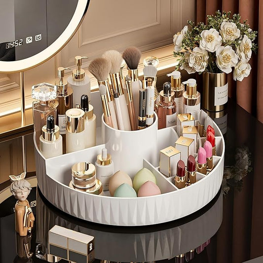 360° Rotate Makeup Organizer, Countertop Skincare Organizer, Large Capacity Multi-Compartment Makeup Brush Lipstick Skincare Organizer, Cosmetic Storage for Dresser Vanity & Bathroom (White)