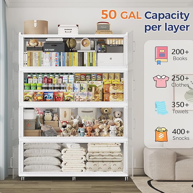 Fangtueh 150 Gallon Extra Large Collapsible Storage Bin with Lid, 960QT Stackable Plastic Organizer with 6x Wheels, Foldable Drawer Cabinet for Closet, Living Room Office, Kitchen 3Pack, White