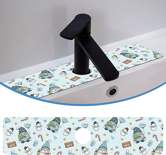 Christmas Gnome Faucet Mat Splash Guard Winter Cute Gnome, Soft Diatom Mud Material, Strong Water Absorption, Non-slip,Easy to Clean for Bathroom, Kitchen 23.5"X5.5"