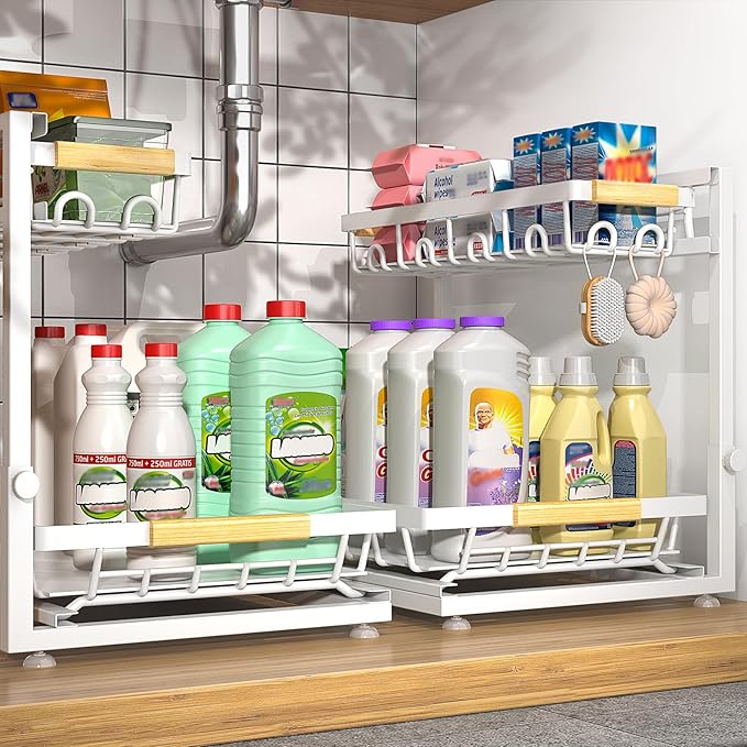 2 Packs Under Sink Organizer, High Adjustable 2 Tier Under Kitchen sink organizer, Multi-Purpose Storage Shelf for Kitchen Bathroom Cabinet (White)