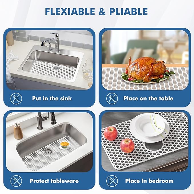 Bestjing Silicone Sink Protectors for Kitchen Sink - 26"x 14" Kitchen Protector Accessory, Non-Slip Heat Resistan Mat for Bottom of Farmhouse Stainless Steel Porcelain, Dishwasher Safe (White)