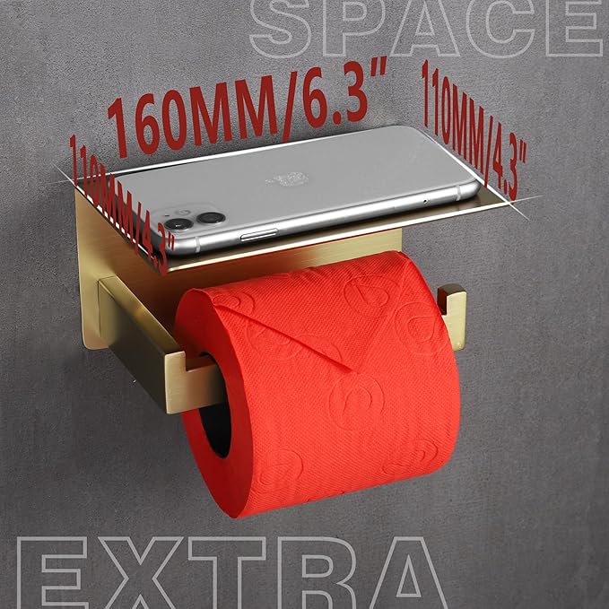 LANC Gold Toilet Paper Holder with Shelf, Adhesive or Screw Toilet Paper Roll Holder with Phone Shelf for Bathroom Wall Mounted, Stainless Steel Toilet Tissue Holder Brushed Gold, A8367BG