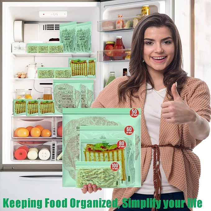 Compostable Combo Storage Zip Bags, 290 Count Resealable Variety Pack with Organizer, Reclosable Biodegradable Eco-Friendly Compost Snack, Sandwich, Quart, Gallon Assorted Size Bags