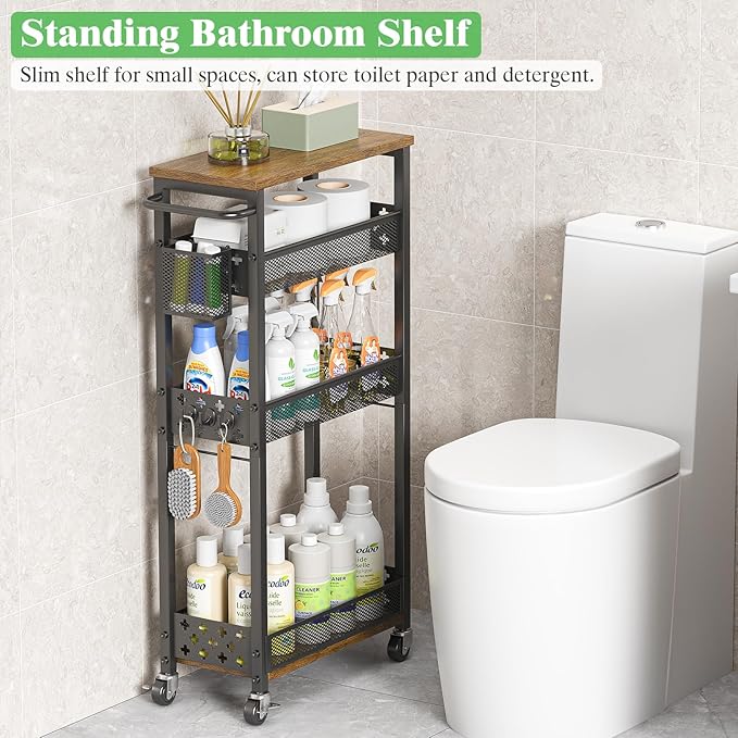 Utility Slim Rolling Storage Cart with Wheels, 4 Tier Narrow Metal Kitchen Cart Bathroom Laundry Room Organization Trolley with Wood Rack and Removable Mesh Basket for Small Space, 7.1IN Black