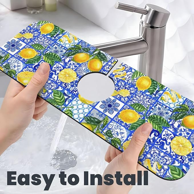 Yellow Lemon Mediterranean Lemons And Blue Tiles Kitchen Sink Splash Guard Faucet Mat Super Absorbent Fast Drying Mat Sink Gadgets-Fast Drying Pad Sink Mat For Kitchen Bathroom (15" X 5.5" )